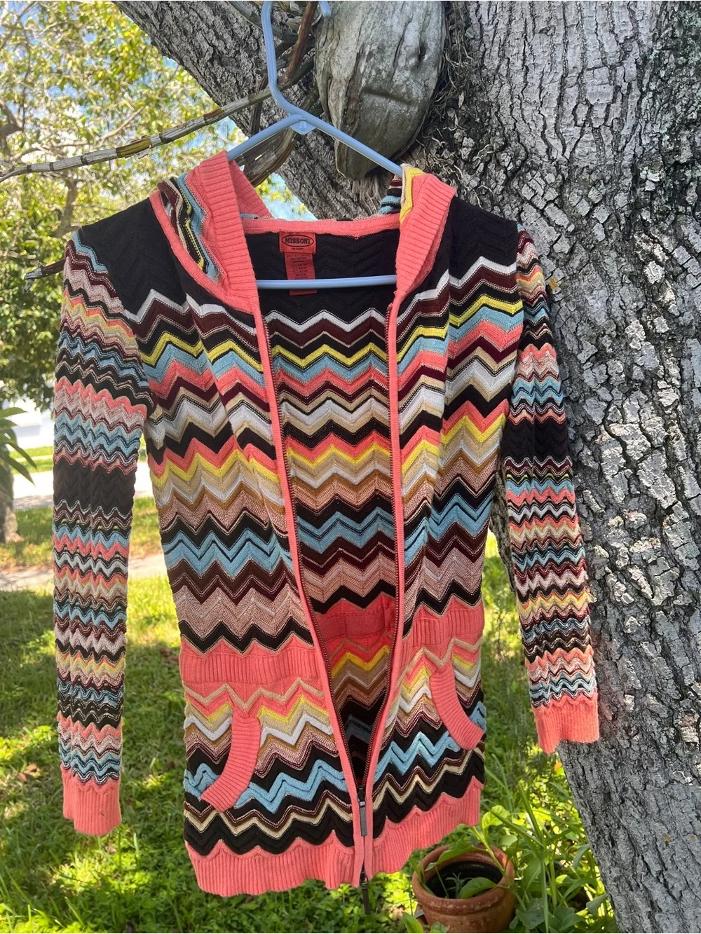 Missoni  Multicolor Chevron Zip Hoodie Jacket - coral  Accent trim